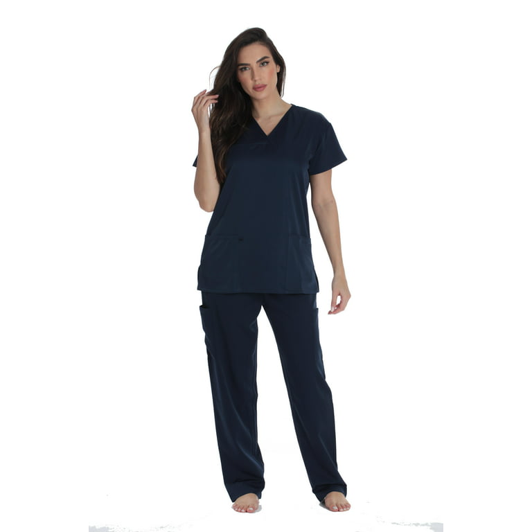 Just Love Solid Stretch Scrub Set for Women Stretchy Mock Wrap Top and  Cargo Pants (X-Small, Navy Stretch Fabric)