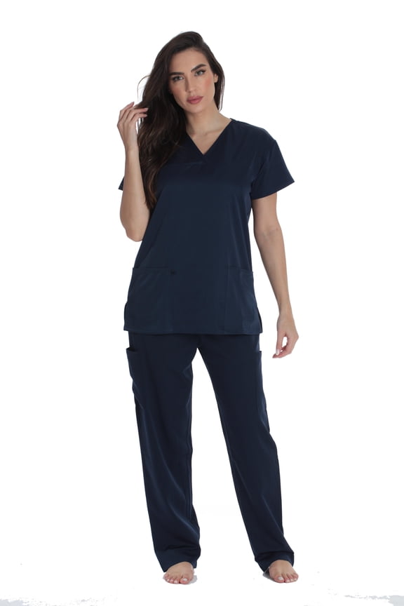 Solid Stretch Scrub Set for Women Stretchy Mock Wrap Top and Cargo Pants (X-Small, Navy Stretch Fabric)