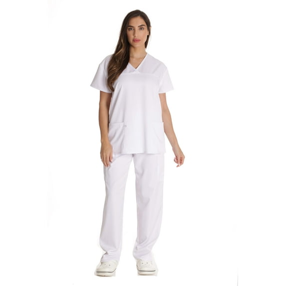 Just Love Solid Stretch Scrub Set for Women Stretchy Mock Wrap Top and Cargo Pants (X-Small, White)