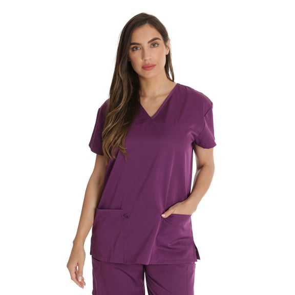 Just Love Solid Stretch Scrub Top for Women Mock Wrap Nursing Shirt (Eggplant, Small)