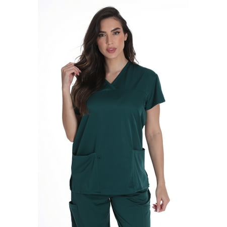 Just Love Solid Stretch Scrub Top for Women Mock Wrap Nursing Shirt (Hunter Green, Small)