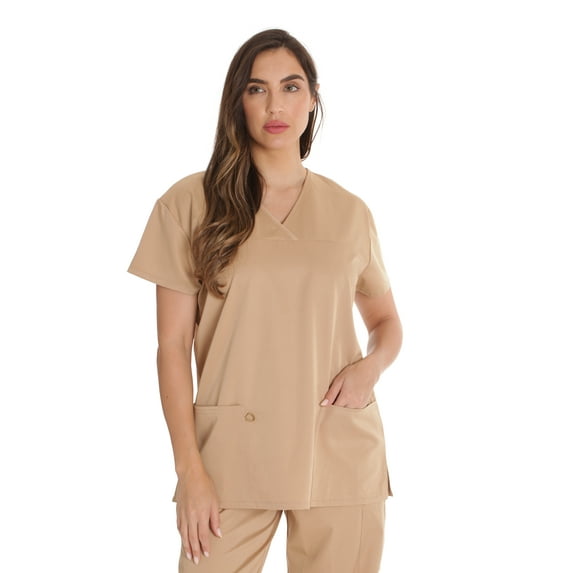 Just Love Solid Stretch Scrub Top for Women Mock Wrap Nursing Shirt (Khaki, Small)