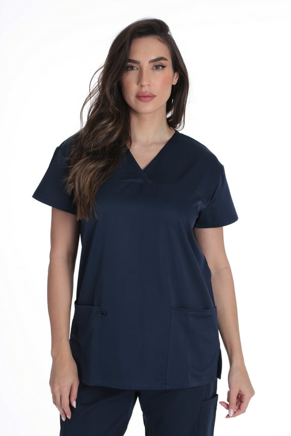 Solid Stretch Scrub Top for Women Mock Wrap Nursing Shirt (Navy, Small)