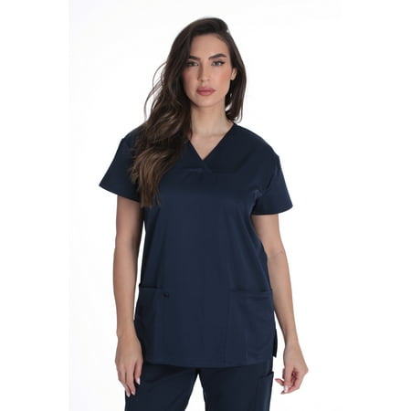 Just Love Solid Stretch Scrub Top for Women Mock Wrap Nursing Shirt (Navy, X-Small)