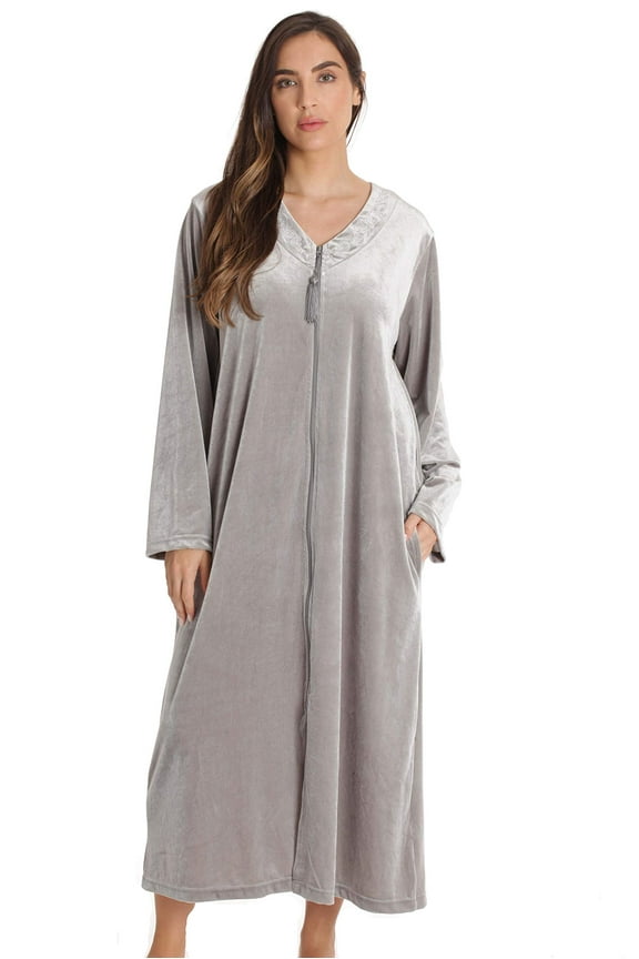 Stretch Velour Embroidered Zipper Lounger Robe for Women with Pockets