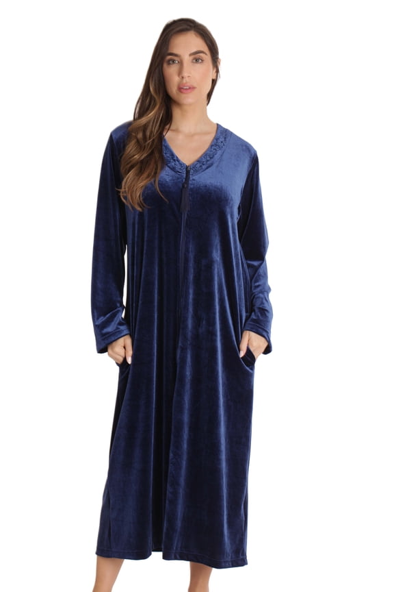 Stretch Velour Embroidered Zipper Lounger Robe for Women with Pockets (Navy, 2X)