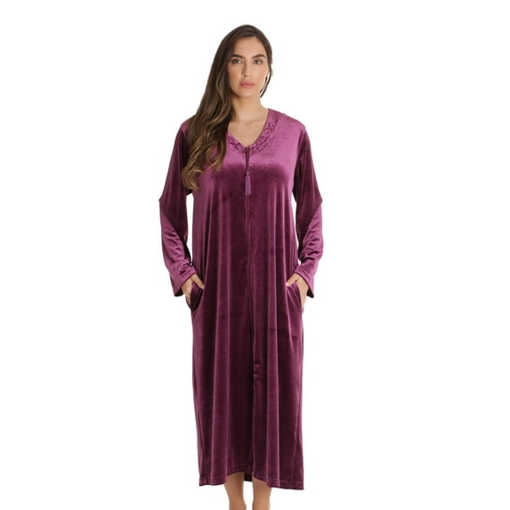Just Love Stretch Velour Embroidered Zipper Lounger Robe for Women with Pockets (Wine, Medium)