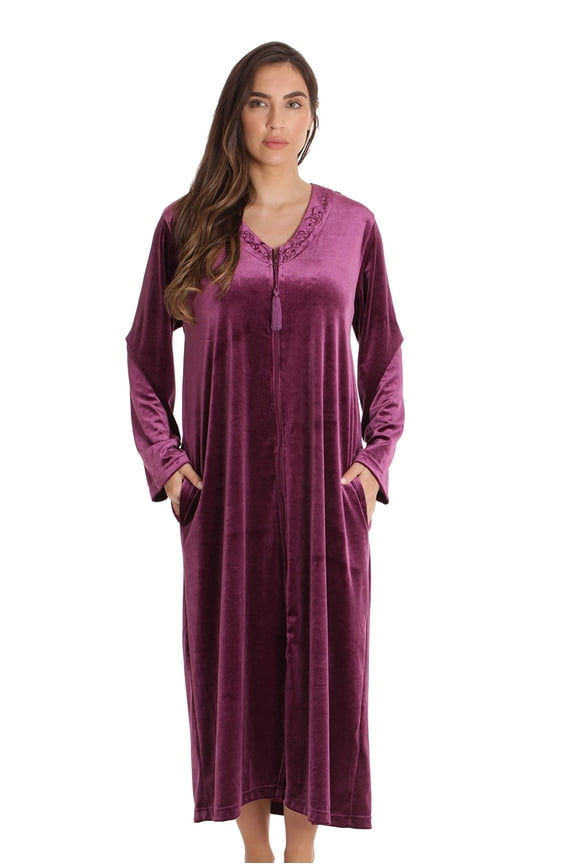 Stretch Velour Embroidered Zipper Lounger Robe for Women with Pockets