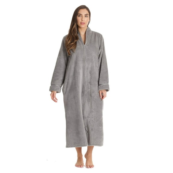 Just Love Textured Plush Zipper Lounger Robe for Women (Grey, Medium)