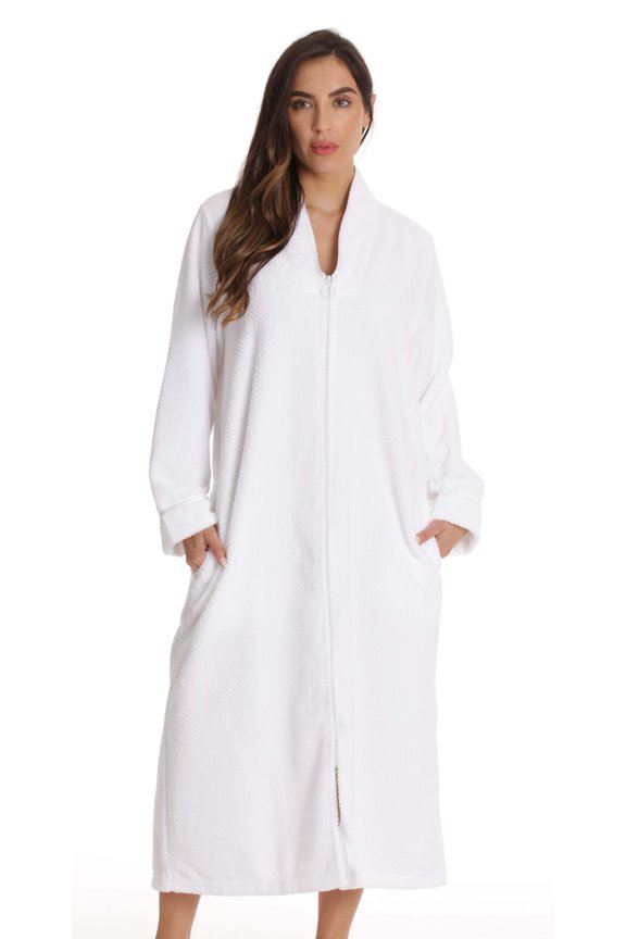 Textured Plush Zipper Lounger Robe for Women (White, Large)
