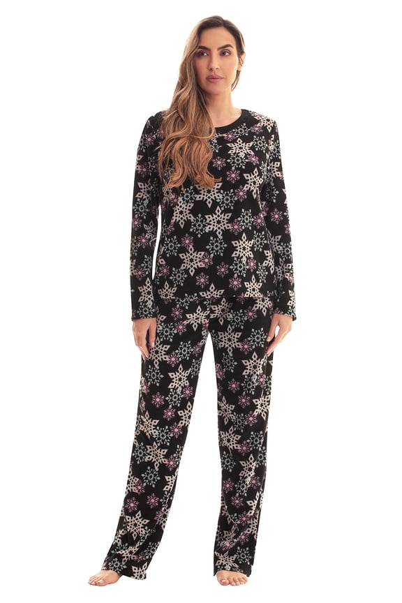 Thermal Fleece Pajamas for Women (Black - Snowflake, Small)