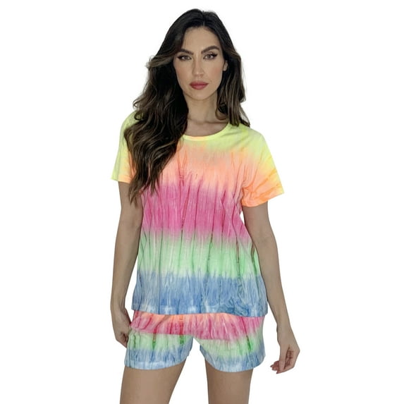 Just Love Tie Dye Shorts Set for Women Tie Dye Rainbow Short Sleeve (Tie Dye Rainbow Short Sleeve, Large)