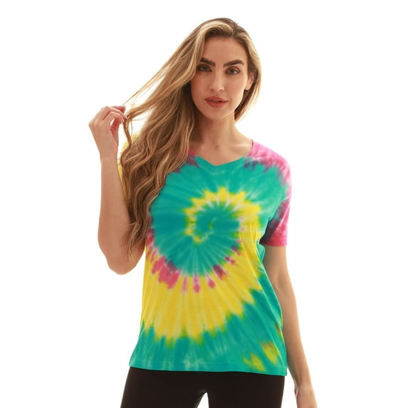 Just Love Tie Dye V-neck T-Shirt (Tie Dye Blue Yellow Red, Large)