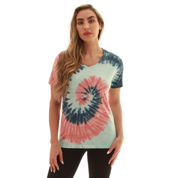 Just Love Tie Dye V-neck T-Shirt (Tie Dye Navy Aqua Coral, Medium)