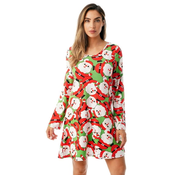 Just Love Ugly Christmas Dress Fun Xmas Party Outfit 401582-103 (Green - Tossed Santa, Large)