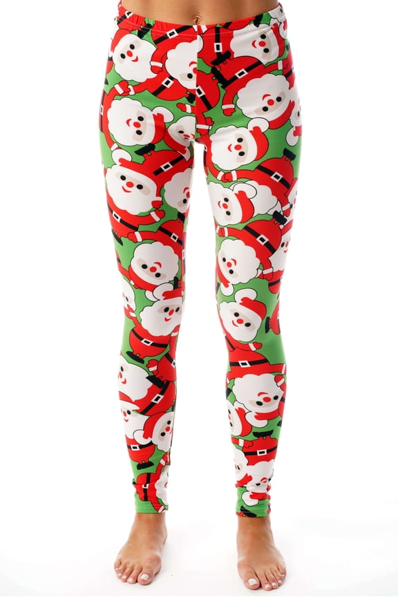 Ugly Christmas Holiday Leggings (Green - Tossed Santa, Large)