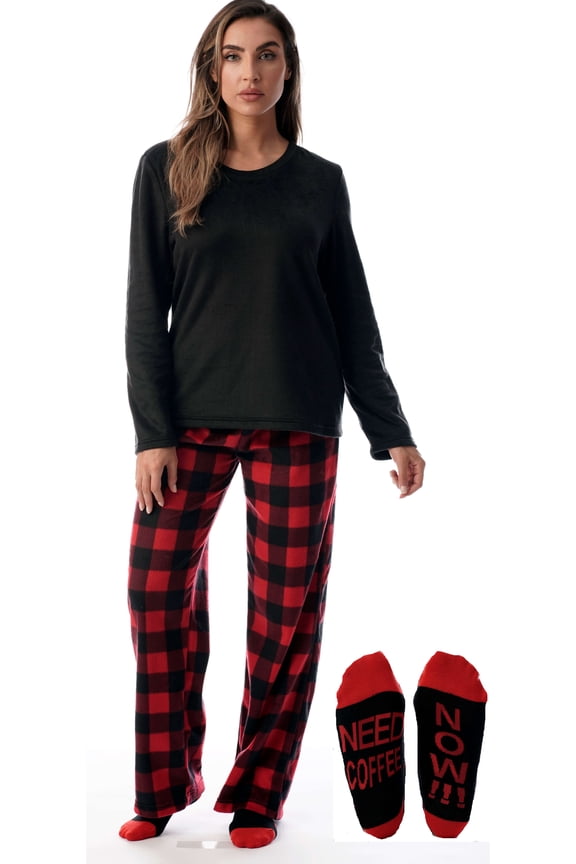 Ultra-Soft Womens Pajama Pant Set with Nightgown & Matching Socks Luxurious Sleepwear (Buffalo Plaid Red Black, Large)