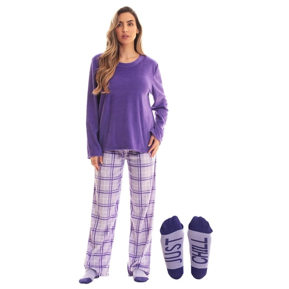 Just Love Ultra-Soft Womens Pajama Pant Set with Nightgown & Matching Socks Luxurious Sleepwear (Purple Plaid, 2X)