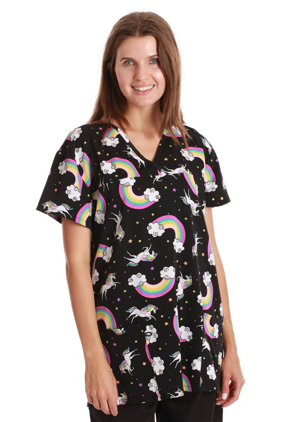 V-Neck Stretch Top for Women (Stretch Fabric Black - Unicorn Rainbow, 2X)