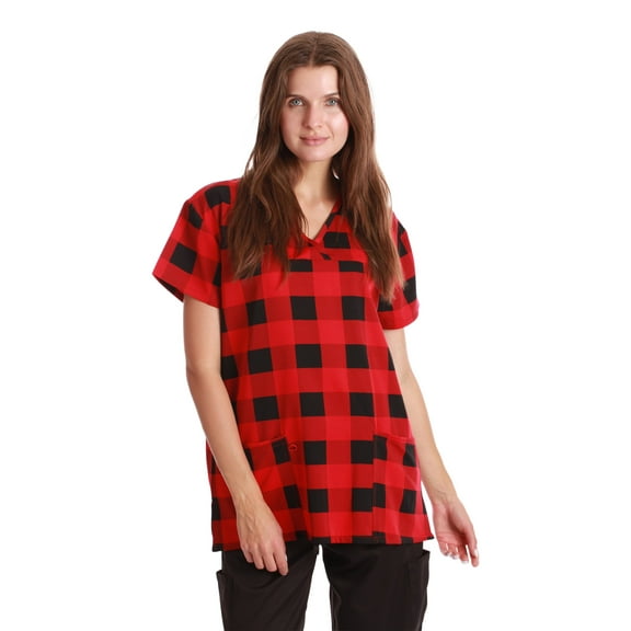 Just Love V-Neck Stretch Top for Women (Stretch Fabric Red - Buffalo Plaid, 2X)
