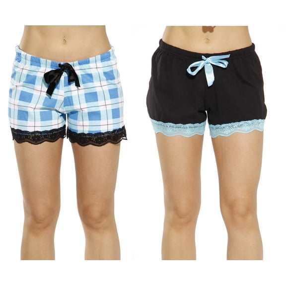 Just Love Women’s Pajama Shorts – Soft Cotton Lounge Sleep Shorts with Drawstring Waist (Black - Aqua Plaid (Pack of 2), Small)