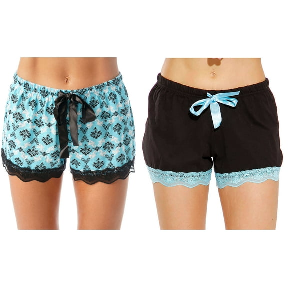 Just Love Womans Pajamas Shorts - PJs - Sleepwear (Pack of 2) (Black - Blue Scroll Damask (Pack of 2), Small)