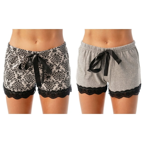 Just Love Women’s Pajama Shorts – Soft Cotton Lounge Sleep Shorts with Drawstring Waist (Grey - Black Damask (Pack of 2), Small)