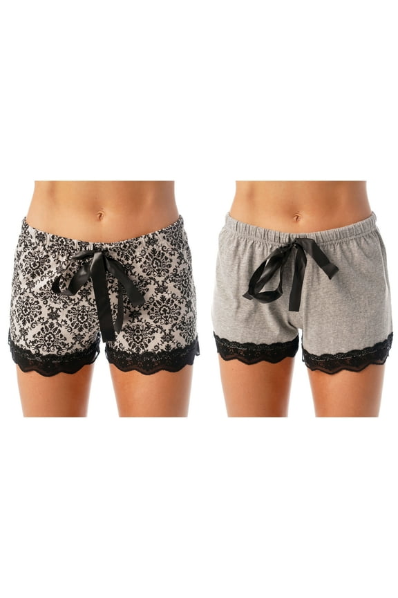 Women’s Pajama Shorts – Soft Cotton Lounge Sleep Shorts with Drawstring Waist (Grey - Black Damask (Pack of 2), X-Large)