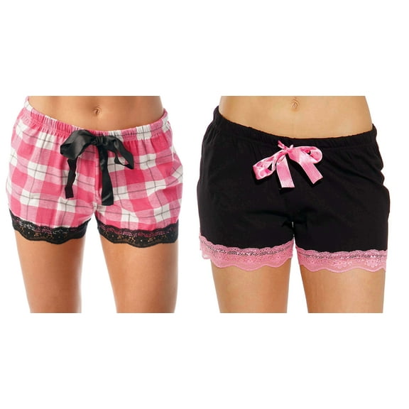 Just Love Womans Pajamas Shorts - PJs - Sleepwear (Pack of 2) (Pink Plaid - Black Solid (Pack of 2), X-Large)