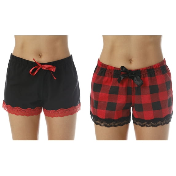 Just Love Women’s Pajama Shorts – Soft Cotton Lounge Sleep Shorts with Drawstring Waist (Red Buffalo Plaid - Black Solid (Pack of 2), 1X)
