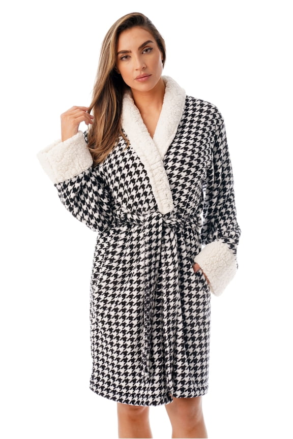 Women Plush Robe with Sherpa Trim - Cozy and Warm Bathrobe for Lounging (Houndstooth, X-Large)