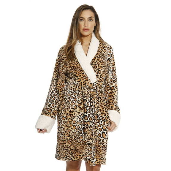 Just Love Women's Plush Velour Robe – Soft Hooded Bathrobe for Lounging and Relaxing (Leopard, 1X)