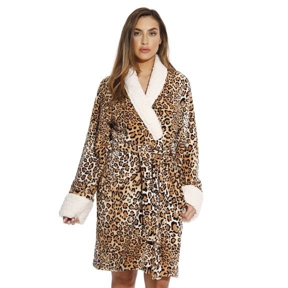 Just Love Women's Plush Velour Robe – Soft Hooded Bathrobe for Lounging and Relaxing (Leopard, Small)
