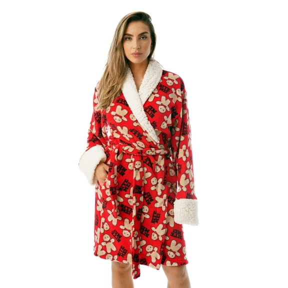 Just Love Women Plush Robe with Sherpa Trim - Cozy and Warm Bathrobe for Lounging (Red - Bite Me Gingerbread Man, X-Small)