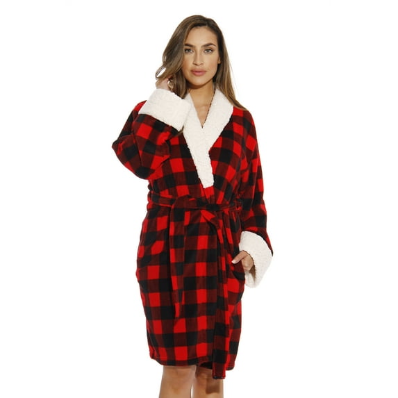Just Love Women Plush Robe with Sherpa Trim - Cozy and Warm Bathrobe for Lounging (Red / Black, Small)