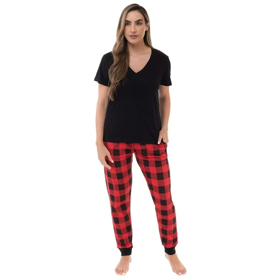Just Love Womens 100% Cotton Tie Dye Short Sleeve Pajama Set Vibrant, Breathable Sleepwear (Buffalo Plaid - Red Black, Large)