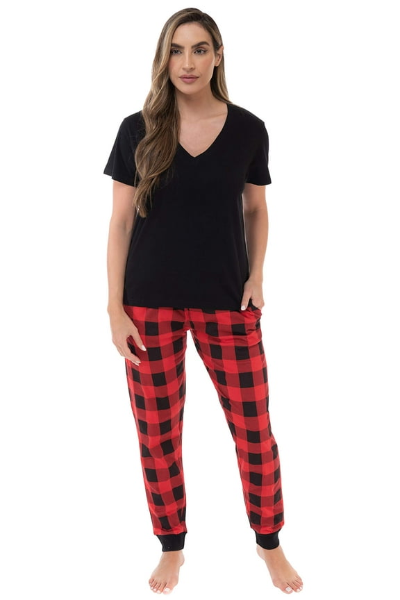 Womens 100% Cotton Tie Dye Short Sleeve Pajama Set Vibrant, Breathable Sleepwear (Buffalo Plaid - Red Black, Large)