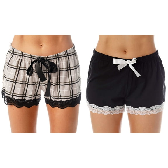 Just Love Women's Adjustable Waist Sleep Short (Women's), Grey Plaid and Black Solid (2-Pack)