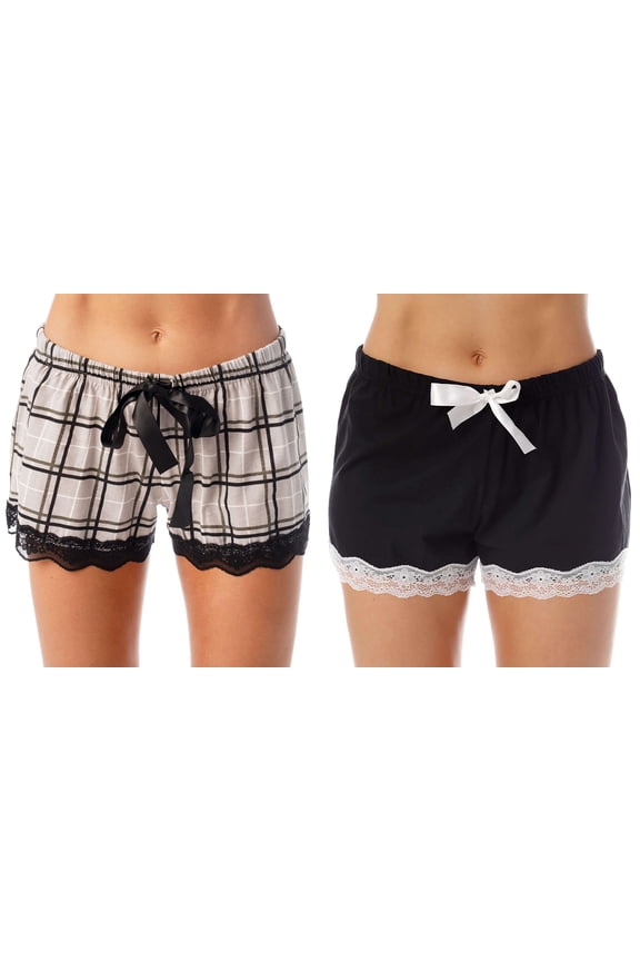 Women's Adjustable Waist Sleep Short (Women's), Grey Plaid and Black Solid (2-Pack)