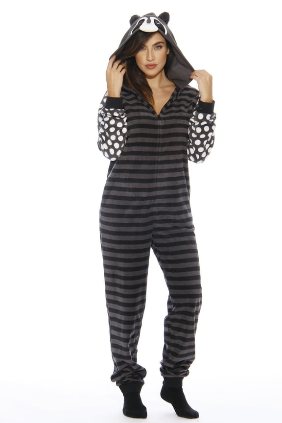 Women's Animal Print Polyester Footed Sleeper (Women's), Raccoon