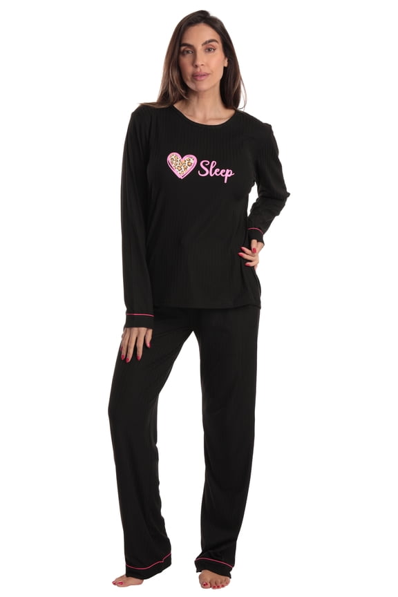 Women’s Cotton Pajama Set – Long Sleeve Top & Sleep Pants with Pockets – Soft Jersey Knit (Black - Heart Sleep, 3X)