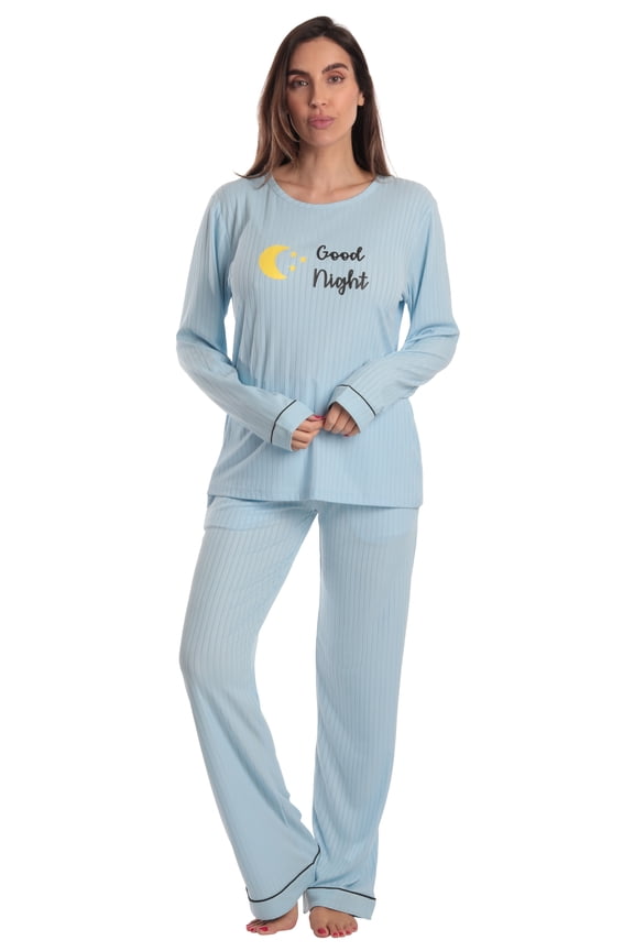 Women’s Cotton Pajama Set – Long Sleeve Top & Sleep Pants with Pockets – Soft Jersey Knit (Blue - Good Night, 3X)