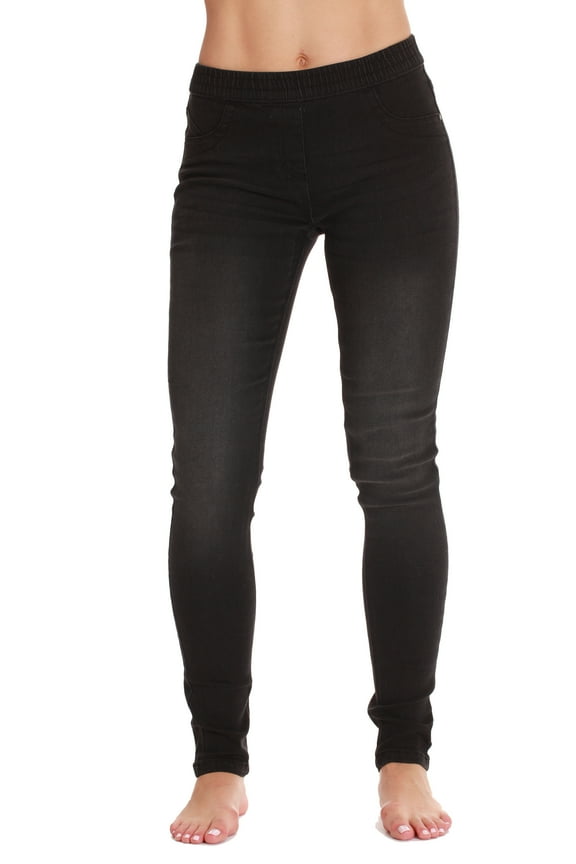 Women's Denim Jeggings with Pockets - Comfortable Stretch Jeans Leggings (Black Denim, Medium)
