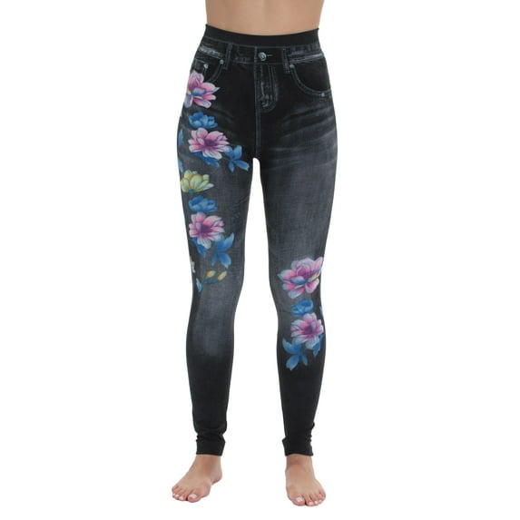 Just Love Women's Denim Wash Leggings - Stretchy and Comfortable Skinny Pants (Black Floral, X-Small / Small)