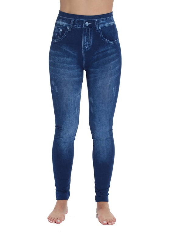Women's Denim Wash Leggings - Stretchy and Comfortable Skinny Pants (Blue Basic, Small / Medium)