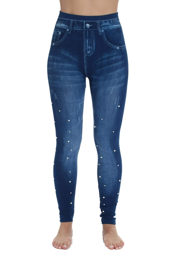 Women's Denim Wash Leggings - Stretchy and Comfortable Skinny Pants (Blue Basic With Pearls, Small - Medium)
