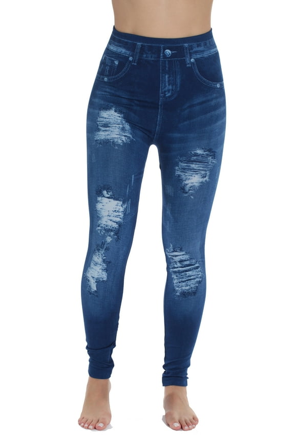 Women's Denim Wash Leggings - Stretchy and Comfortable Skinny Pants (Blue Distressed, X-Small / Small)