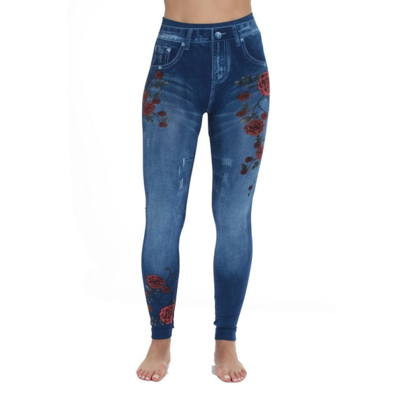 Just Love Women's Denim Wash Leggings - Stretchy and Comfortable Skinny Pants (Blue Floral, Small / Medium)