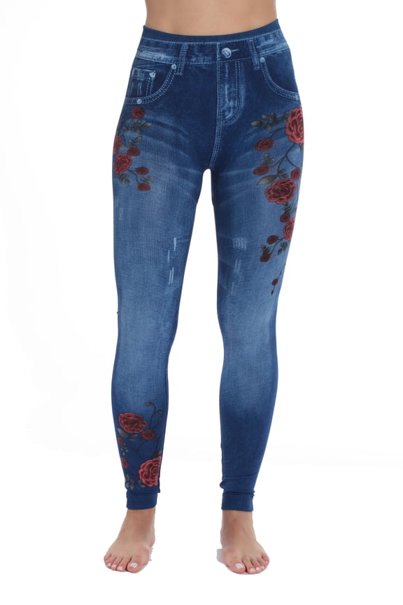 Women's Denim Wash Leggings - Stretchy and Comfortable Skinny Pants (Blue Floral, Small / Medium)