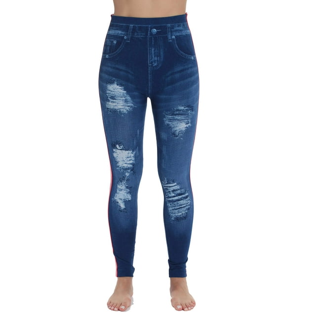 Just Love Women's Denim Wash Leggings - Stretchy and Comfortable Skinny Pants (Blue Striped, Small - Medium)